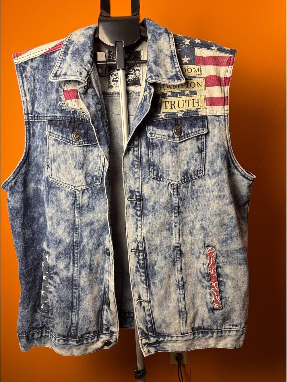 Diamond Stash sz 2X denim vest handmade Days of the Dead USA flag biker skull